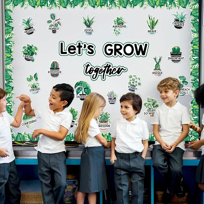 gisgfim Greenery Affirmation Station Bulletin Board Classroom Decorations Set Let’s Grow Plant Potted Paper Cutout for Motivational Plant Teacher Back to School Wall Door Chalkboard Decor