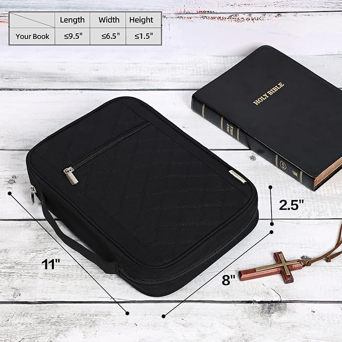 FINDCOZY Bible Cover for Women, Durable Carrying Book Case Church Bag for Biblical Accessories with Handle and Zippered Pocket, for Scriptures, Black