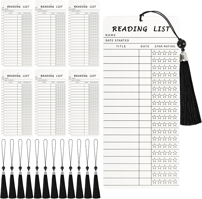 Book Club Ideas Hosting, Book Themed Party Favor Decor, 12 PCS Reading List Bookmarks with 12 PCS Black Tassels, Bookish Item Gifts, Library Card Book Mark, Book Club Gifts