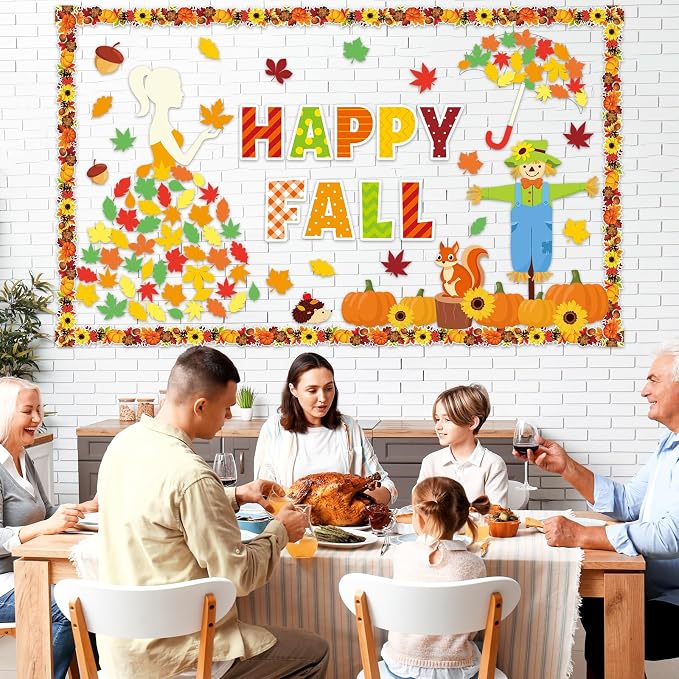 gisgfim Thanksgiving Fall Bulletin Board Decorations Happy Autumn Themed Party Paper Cutouts Maple Leaf Pumpkin Squirrel Bulletin Board Set for Home School Classroom Wall Decoration Decor Supplies