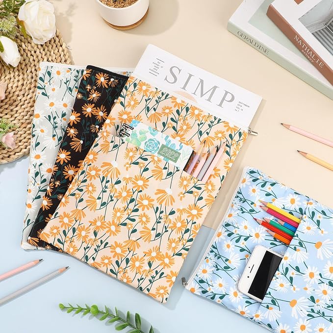 4 Pcs Floral Book Sleeve with Zipper Daisy Flower Fabric Cute Washable Book Protector for Women Reader Bookish Gifts Accessories, 11.8 x 8.7 Inch