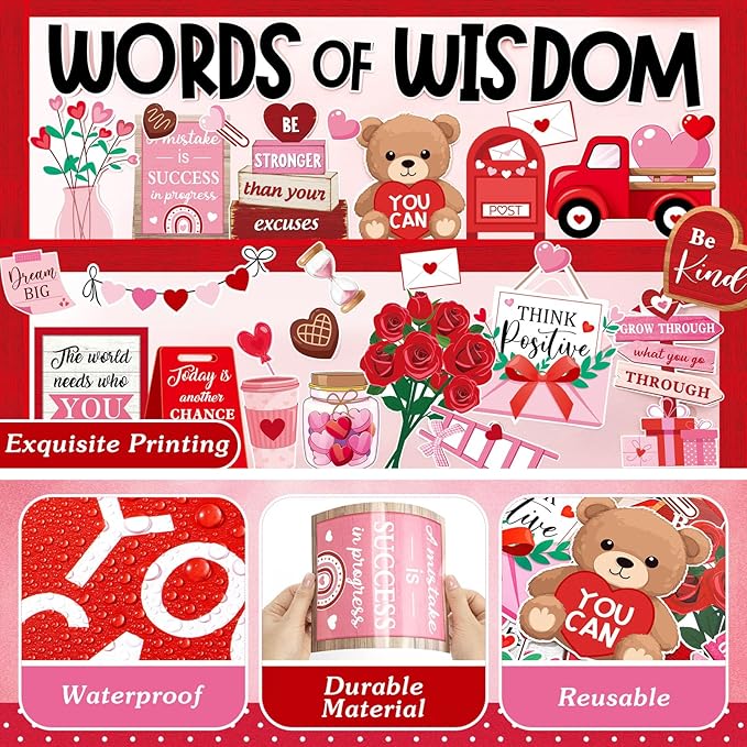 Mooliwe 57 Pcs Sweet Bulletin Board Set Pink Red Heart Envelope Paper Cutouts Positive Quotes Classroom Bulletin Board Decor for School Chalkboard Wall Door Window