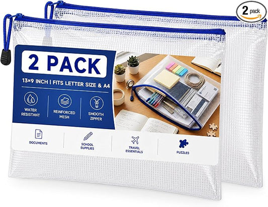 TONOS Mesh Zipper Pouch Bags, 2 Pack 13x9 Inch Clear PVC Plastic Zipper Pouches, Water Resistant Supply Organizers for School, Office, Classroom Organization, Travel, Crafts and Puzzles