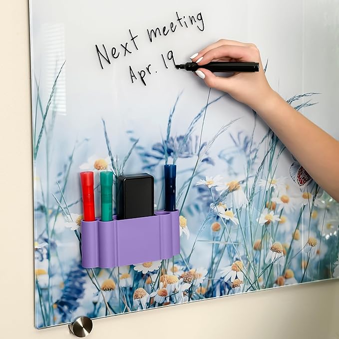 Glassboard Studio Magnetic Dry Erase Marker Holder - Super Strong for Magnetic Glass Whiteboard or Fridge - 2 Large Neodymium Magnets - No Slip Grip - Eco-Friendly PLA Plastic (Periwinkle Purple, KIT)