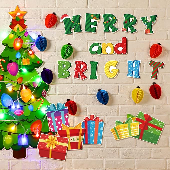 Zhanmai Christmas 3D Bulletin Board Set Paper Cutouts with String Lights Holiday Wall Bulletin Board Decorations for Home Office Holiday Party Supplies(Merry and Bright)