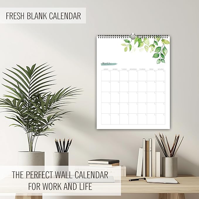 Aesthetic Wall Calendar, Blank Monthly Weekly Wall Calendar, 14.5"x 11.5", Undated Monthly Planner Note Pad for Organizing Home Office, Green Leaves