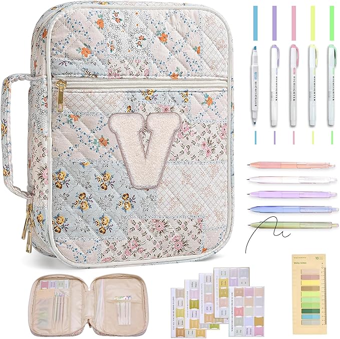 Personalized Initial Bible Cover Case for Women – Large Quilted Bible Bag with Handle, Chenille Letter, Bible Study Kit, Christian Gift for Mom, Grandma & Daughter (Patchwork Floral-V)