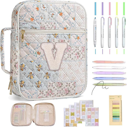 Personalized Initial Bible Cover Case for Women – Large Quilted Bible Bag with Handle, Chenille Letter, Bible Study Kit, Christian Gift for Mom, Grandma & Daughter (Patchwork Floral-V)