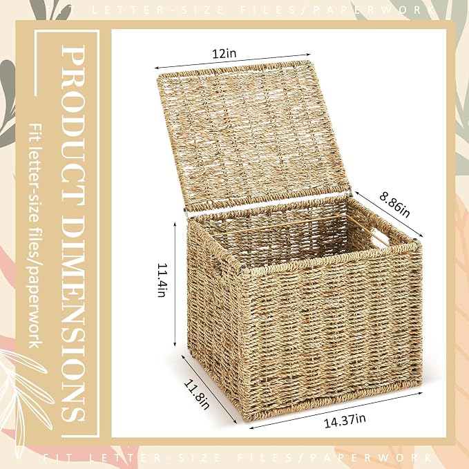 Jingmore Woven Seagrass File Storage Boxes, Decorative Hanging File Organizer with Lid for Home Office, Letter Size, 2 Pack