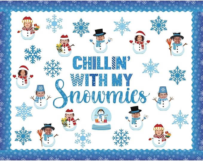 86 Pcs Winter Bulletin Board Decorations with Borders Holiday Chillin with My Snowmies Bulletin Board Christmas Snowman Snowflakes Cutouts for Classroom Decoration School Home Party