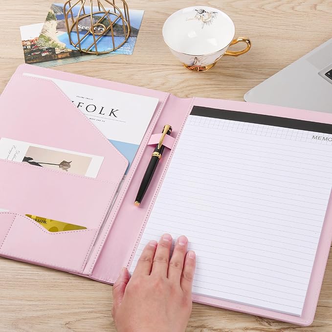 Pacific Mailer Padfolio Portfolio Leather Binder, Interview Legal Document Organizer, Business Card Holder Included Letter Sized Writing Pad [Pink, Piano Noir Faux Leather Matte Finish]