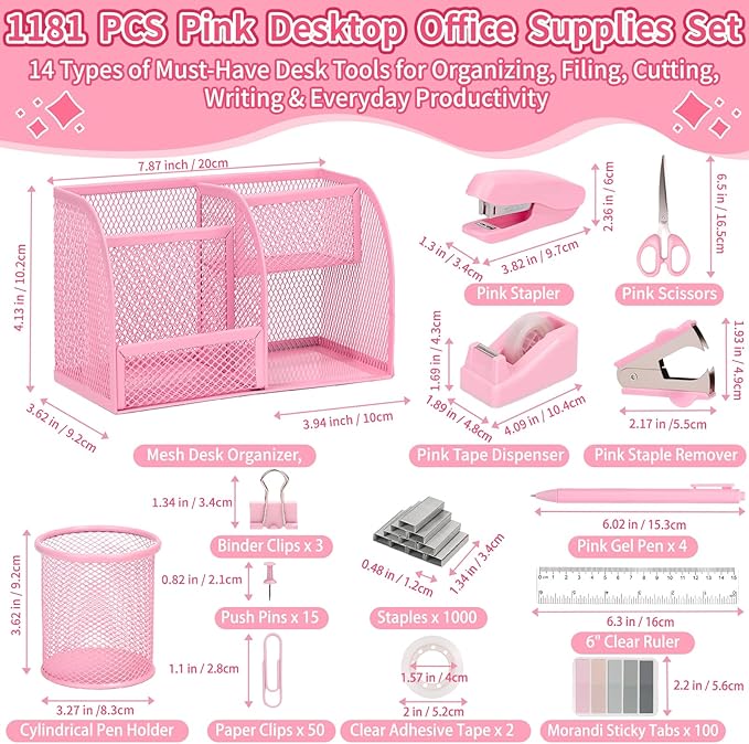 Comkrivy 1181 PCS Pink Desk Accessories for Women Office, Girls Desk Organizers and Accessories with Mesh Desk Organizer, Pen Holder, Stapler, Tape Dispenser, Scissors Women Pink Office Supplies Set