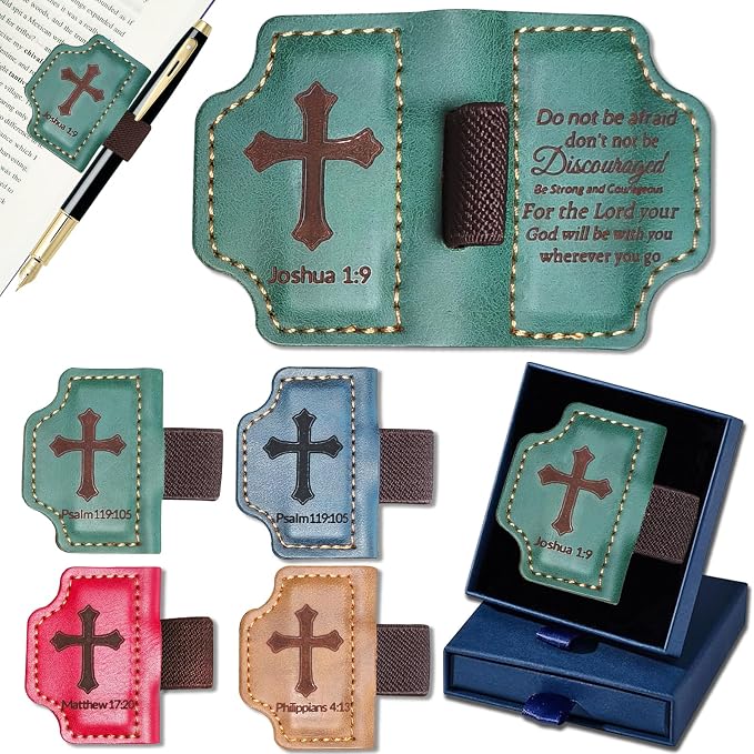 Bygone Mark Personalized Magnetic Leather Bookmark with Pen Holder,Inspirational Bible Verse Religious Bookmarks,Christian Book Lovers Reading Accessory for Men Women (Green, Joshua 1:9)