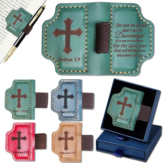 Bygone Mark Personalized Magnetic Leather Bookmark with Pen Holder,Inspirational Bible Verse Religious Bookmarks,Christian Book Lovers Reading Accessory for Men Women (Green, Joshua 1:9)