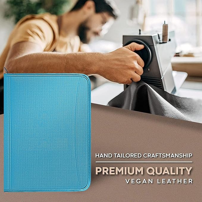 Zippered Portfolio Organizer/ A4 Refillable Lined Writing Notepad Folder Case/Fabric-Covered Padfolio Binder with Interior Storage Pocket for Men Women.Blue