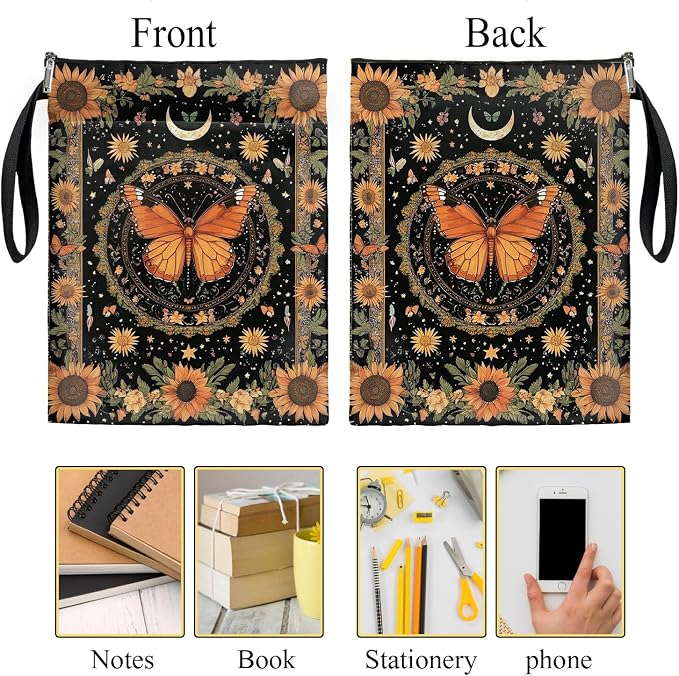 Vintage Floral Butterfly Book Cover, Waterproof Book Sleeve with Zippered Front Pocket Retro Flowers Book Pouch for Book Lovers, Christmas, Birthday, Graduation Gifts (Butterfly&Flower, Large)