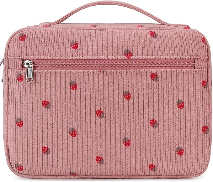 JIANYA Bible Cover Women Girls Bible Case, Strawberry Church Bag Bible Carrier Bag with Handle and Zipper Pocket, Pink