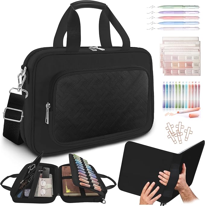 Large Bible Cover Case for Boys Mens, Book Carrying Case with Highlighters Tabs Pens, Bible Bag for Men Organizer, Bible Holder Bible Study Supplies Journaling Kit, Christian Gifts Black