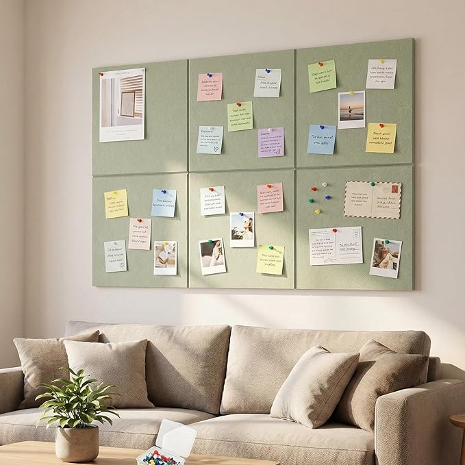 Thboxes Large Cork Board 36" x 24", 6 Pack Felt Wall Tiles with Colored Pushpins, Bulletin Board with 40 Safe Removable Adhesive Tabs, Pin Board Cork Boards for Walls Home Office Decor - Sage