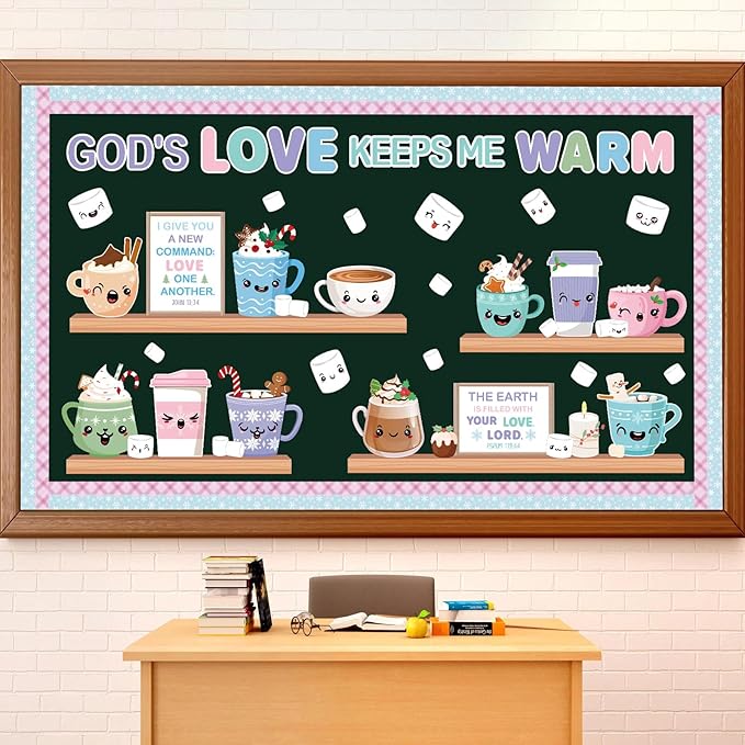 Religious Winter Bulletin Board Set God's Love Keeps Me Warm Classroom Decorations Christian Coffee Hot Cocoa Marshmallow Paper Cutouts for Door Wall Church Home Winter Holiday Supplies