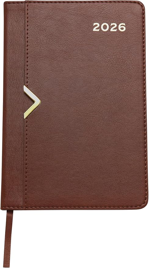 WORLD TRAVELER 2026 Planner - 6x8 Inch Weekly and Monthly Calendar Planner Agenda Book with Bookmark & Ribbon for School and Office, Size 6X8, Bown Leather