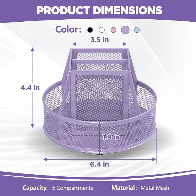 Docnest 360° Rotating Pen Holder,Heavy-Duty Metal Mesh Desk Organizer with 6 Compartments for Pencils,Scissors & Markers –Space Saving Office Supply for Teachers, Students & Home Desk-Purple
