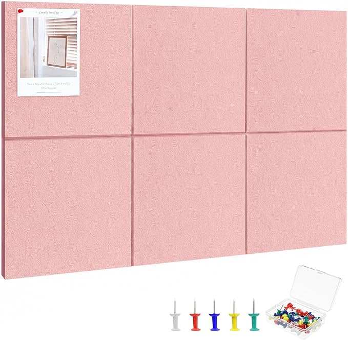 Thboxes Large Cork Board 36" x 24", 6 Pack Felt Wall Tiles with Colored Pushpins, Bulletin Board with 40 Safe Removable Adhesive Tabs, Pin Board Cork Boards for Walls Home Office Decor - Pink