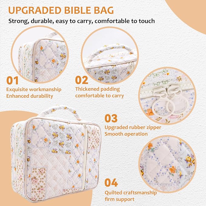 Bible Cover Case For Women,Large Bible Bag with Study Supplies,Quilted Bible Carrying Case for Girls,Portable Bible Case with Highlighter, Pens,Tabs,Bible Study Gifts for Women