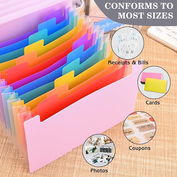 2Pcs Receipt Coupon Holder Organizer, 13 Pockets Small Accordian File Organizer, Expanding File Folder with Colorful Tabs, A6 Size for Cards, Check, Tickets, Monthly Bills Storage (Purple)