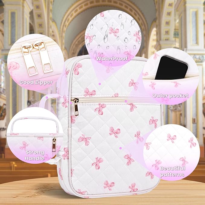 Large Bible Cover for Women, Durable Quilted Tote Bag with Handles, Bible Carry Case for Girls, Bible Study Supplies Accessories (Pink)