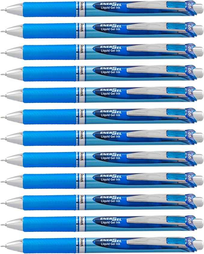 Pentel® EnerGel™ RTX Retractable Liquid Gel Pens, Fine Point, 0.5 mm, 54% Recycled, Assorted Barrel Colors, Blue Ink, Pack Of 12 Pens
