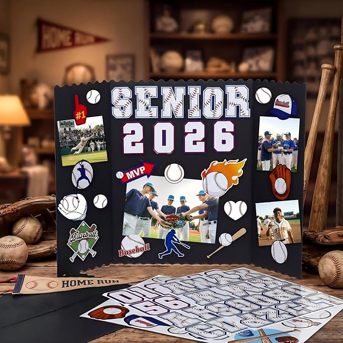 Tinlade 3 Set Baseball Senior Night Gifts Senior 2026 Photo Display Board 24" x 16" Trifold Poster Board with Baseball Themed Stickers for Graduation Picture Frame Sport Theme Party Supplies