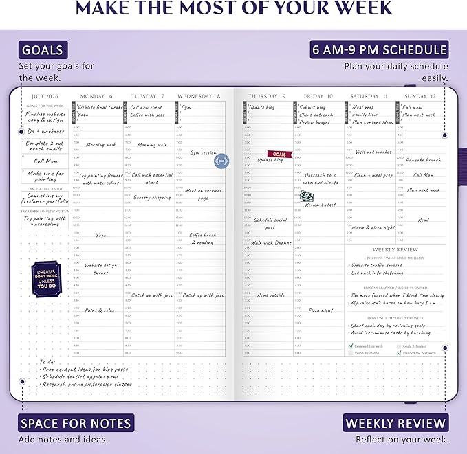 Legend Dated Hourly Weekly Planner 2026 – Daily, Monthly & Yearly Agenda with Time Slots – Hardcover Organizer Journal, 5.8x8.3” (Purple)