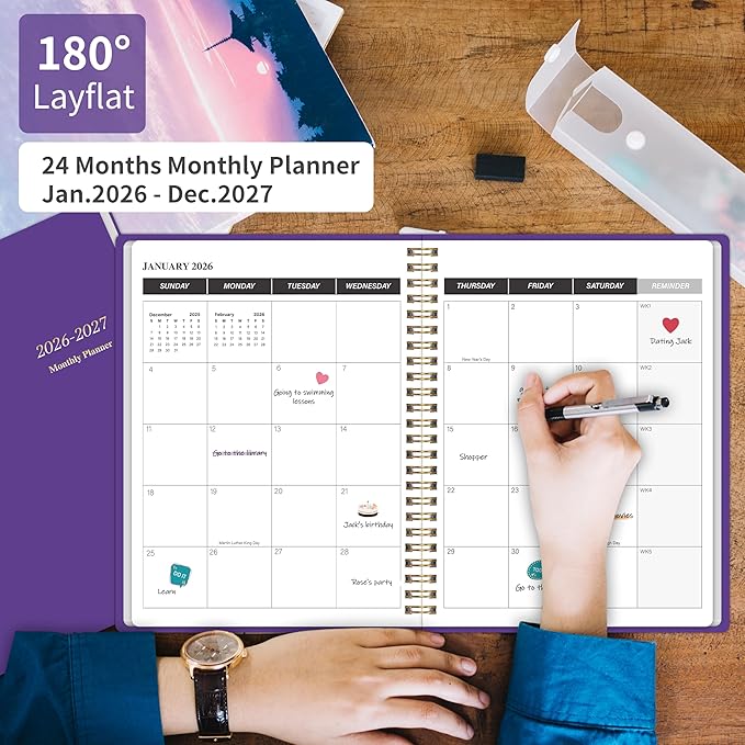 Monthly Planner 2026-2027, Jan 2026 - Dec 2027, 2 Year Calendar 2026-2027 Monthly Planner, 7.5" x 10", 24 month Calendar With Goals To Do List, Habit Tracker Suitable for Schools & Offices & Home, Purple
