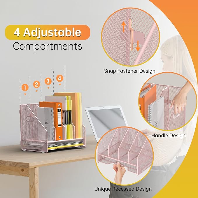 Docnest Desk File Holder Sorter, 4 Vertical Compartments Rack with Letter Tray, Mesh Magazine File Holder with Handle,Workspace Organizers,Desk Organizers for Paper, Mail, Documents-Pink