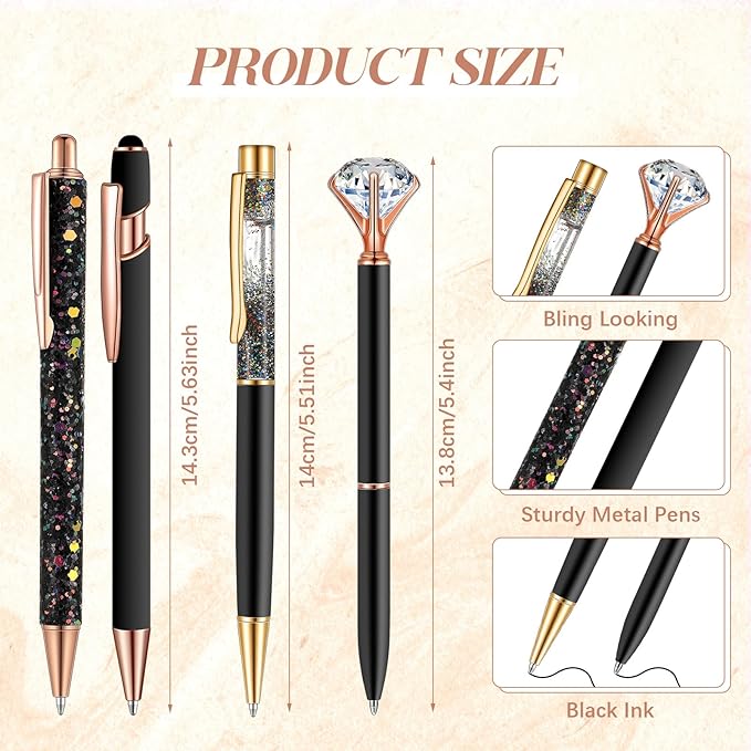 Sabary 8 Pcs Black Pens with Pen Holder for Desk Glitter Crystal Diamond Cute Ballpoint Fancy Pencil Holder Bling Desk Organizer for Women Girls School Office Supplies Wedding Graduation Gifts