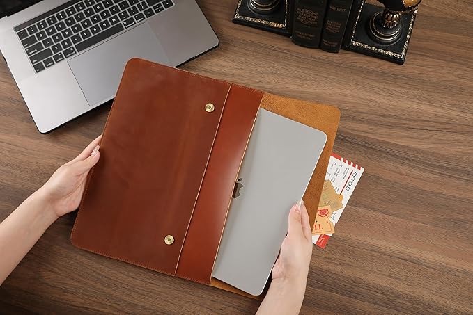 Leather Tablet Sleeve - 12.9 Inch iPad Sleeve, Document Holder Folio File Holder, Genuine Leather Laptop Sleeve Case for Protection and Style-Brown-Custom