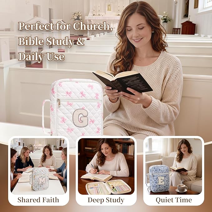 Personalized Initial Bible Cover Case for Women – Large Quilted Bible Bag with Handle, Chenille Letter, Bible Study Kit, Christian Gift for Mom, Grandma & Daughter (Pink Bow-G)