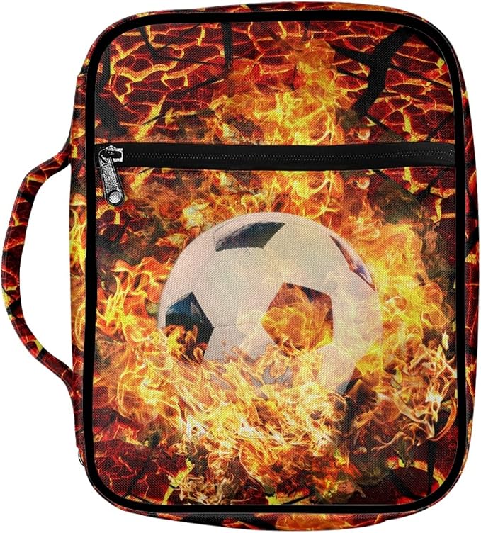 Coldinair Firing Soccer Print Bible Cover for Boys Kids Bible Case Carrying Book Case Church Bag with Handle and Zippered Pockets,Lightweight and Durable