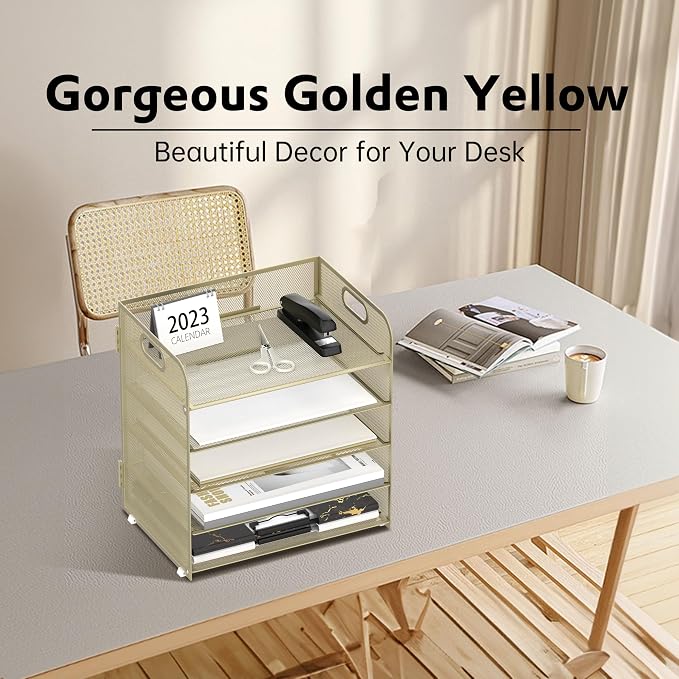 Supeasy 5 Trays Paper Organizer Letter Tray with Handle-Mesh Desk File Organizer,Pink Paper Sorter Desk Organizer for Office, Home or School (Gold Yellow)
