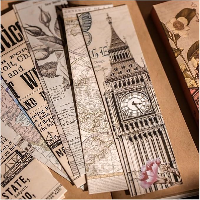 30Pcs Vintage Aesthetic Bookmarks, Antique Newspaper & Retro Art Page Markers, Old World Map Building Floral Design for Book Lovers (The Past)