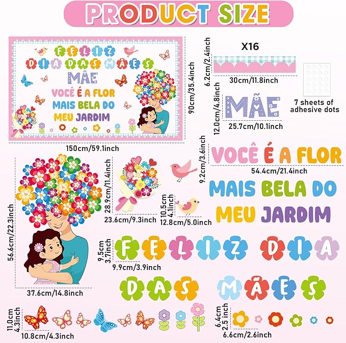 Mother's Day Bulletin Board Set Portuguese Happy Mother's Day Classroom Decoration Feliz Dia DAS MAES Flower Cutouts for Mom Floral Birthday Party School Classroom Home Window Supplies