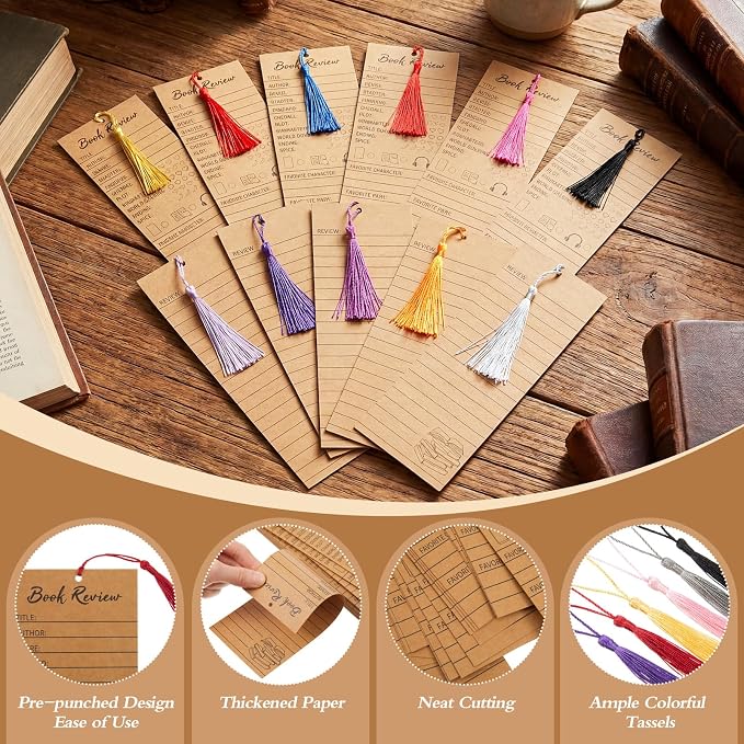 50 pcs Colorful Book Review Bookmarks with 50 Bookmark Tassels Book Tracker Reading Log Page for Readers Bookish Bookworm Gift, Reading Page Tracker for Students Teachers Women (Brown)