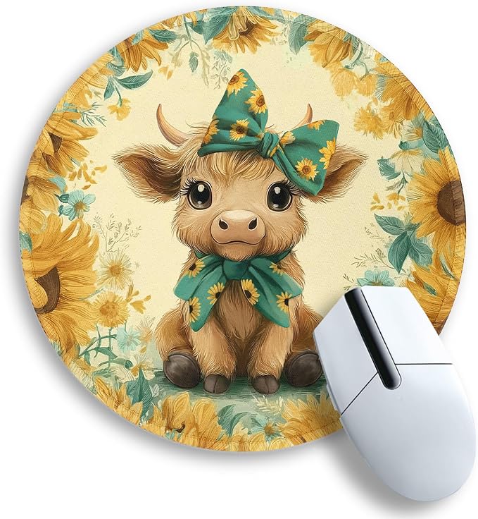 Gctriki Highland Cow Mouse Pad for Desk, Funny Round Mousepad for Laptop Gaming Stitched Edge Non-Slip Rubber Base, Cute Sunflower Bow Highland Cow Decor Gifts Office Desk Accessories for Women