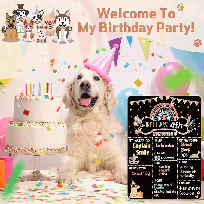 Tiamon Dog Birthday Chalkboard Boho Themed Dog Birthday Photo Props Rainbow Pet Milestone Chalkboard Sign for Party Supplies Double Sided Reusable Erasable 14 x 10 Inch