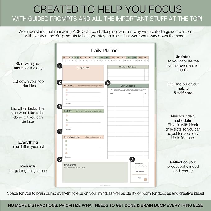 ADHD Daily Planner for Neurodivergent Adults - Productivity Daily Planner & Task Management to Stay Organized and Focused (Green)
