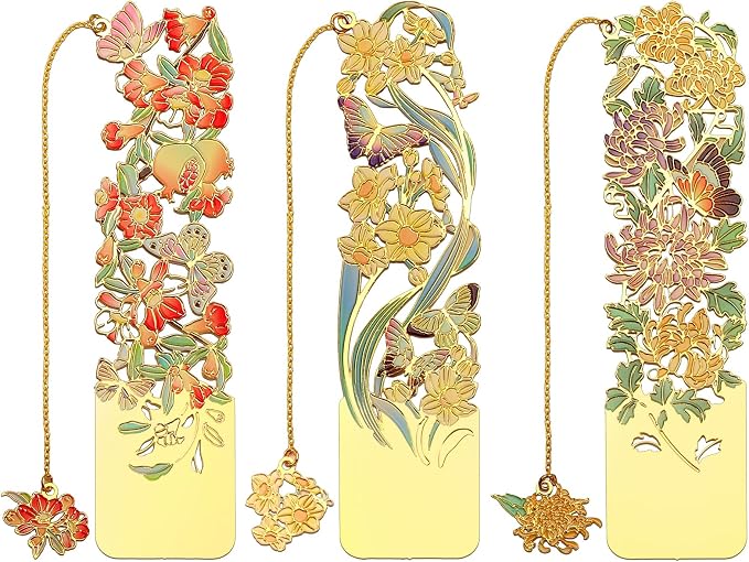3 PCS Metal Bookmarks - Beautiful Flower Bookmarks, Chrysanthemum, Pomegranate Flowers, Narcissus