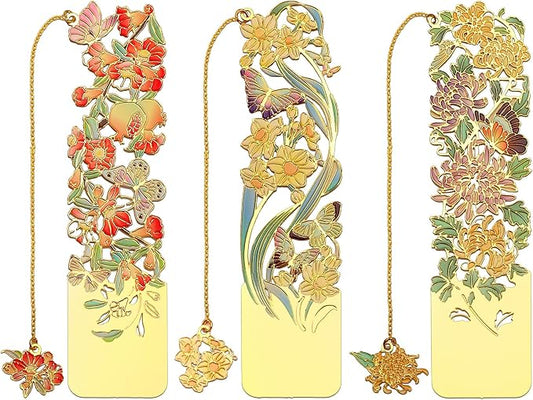 3 PCS Metal Bookmarks - Beautiful Flower Bookmarks, Chrysanthemum, Pomegranate Flowers, Narcissus