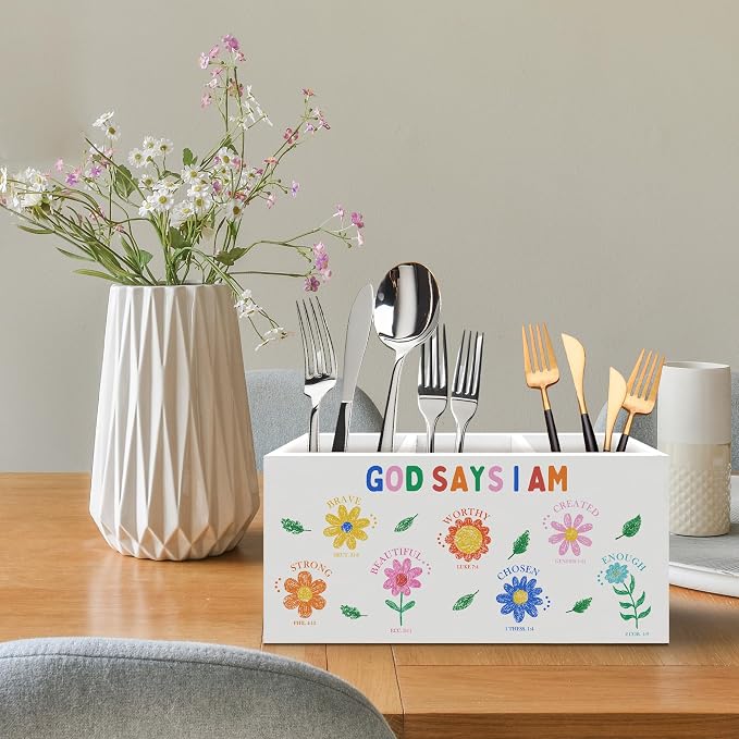 Christian Bible Verse Floral Pen Holder, Inspirational Office Pen Pencil Holder Organizer for Desk Accessories, God Says I Am Wooden Box Desk Decor for Girl Nursery Room Desk Decorations