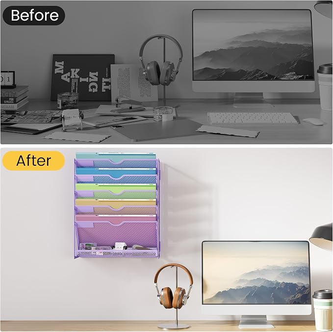Hanging Wall File Organizer, 6-Tier Purple Desk Organizer with Metal Mesh, Foldable Document Organizer for Office Desk, Wall Mount Magazine Rack for Mail/Books/Tablet